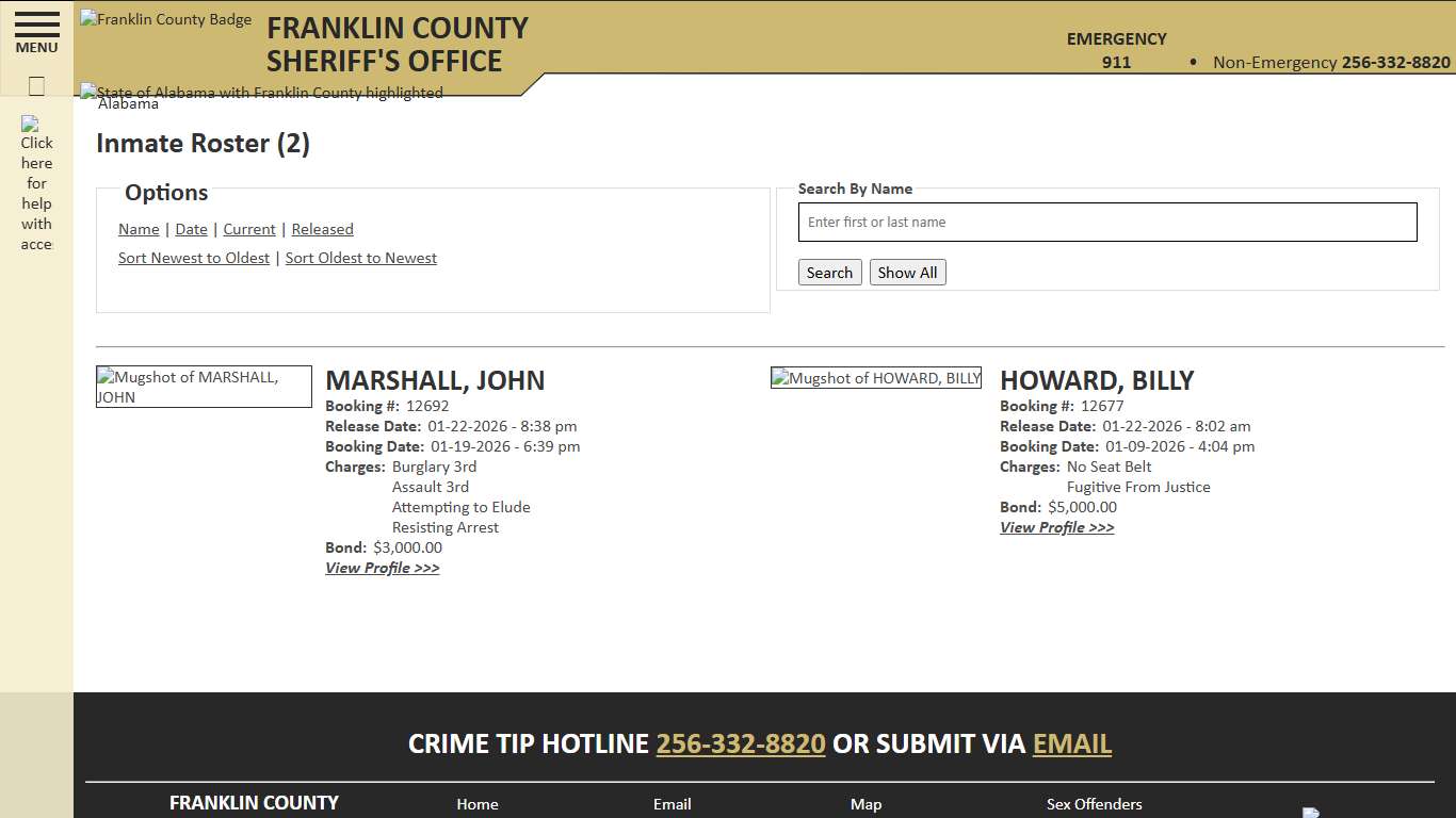 Inmate Roster - Released Inmates Booking Date Descending - Franklin County AL Sheriff's Office